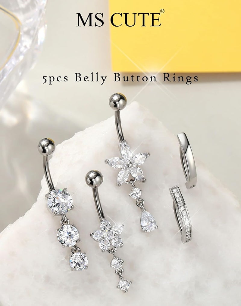 MS CUTE 5PCS Belly Button Rings for Women 14G Dangle Navel Piercing Jewelry Set Surgical Stainless Steel Body Jewelry with CZ Butterfly Flower Teardrop Barbell for Beach Festival Daily - Image 2